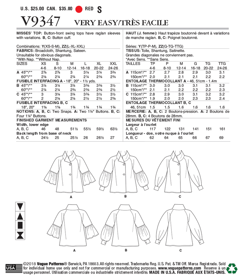 V9347 Misses' Top (size: L-XL-XXL)