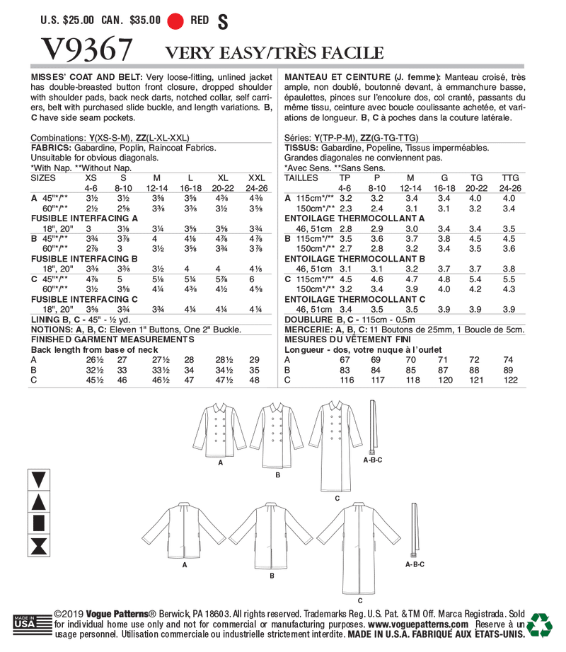 V9367 Misses' Coat and Belt (size: L-XL-XXL)