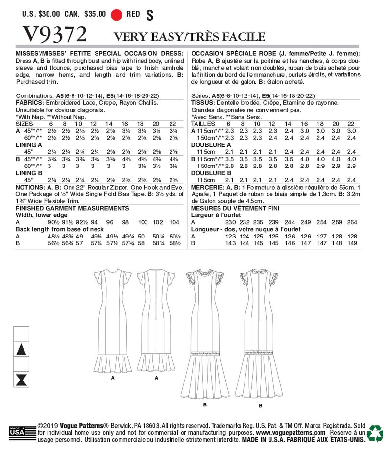 V9372 Misses'/Misses' Petite Special Occasion Dress (size: 14-16-18-20-22)