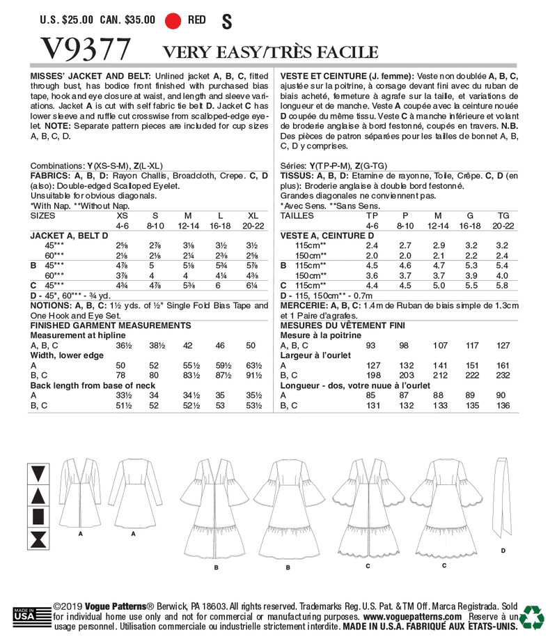 V9377 Misses' Jacket and Belt (size: LRG-XLG)