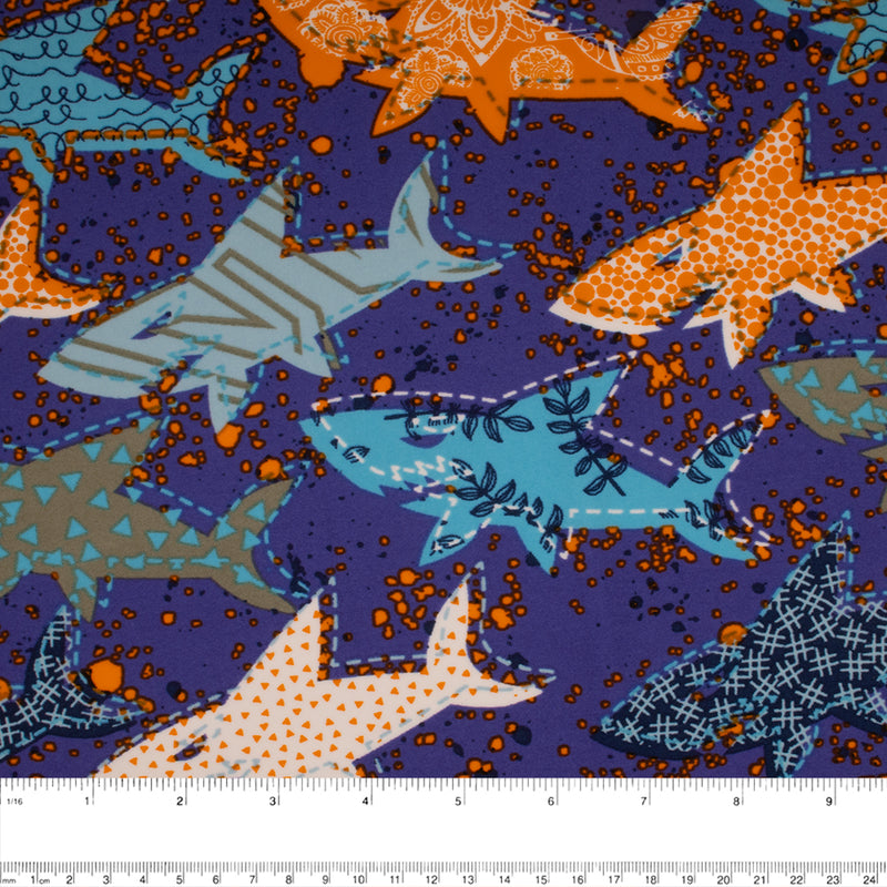 Tissu imprimé pour costume de bain - Requins - Bleu