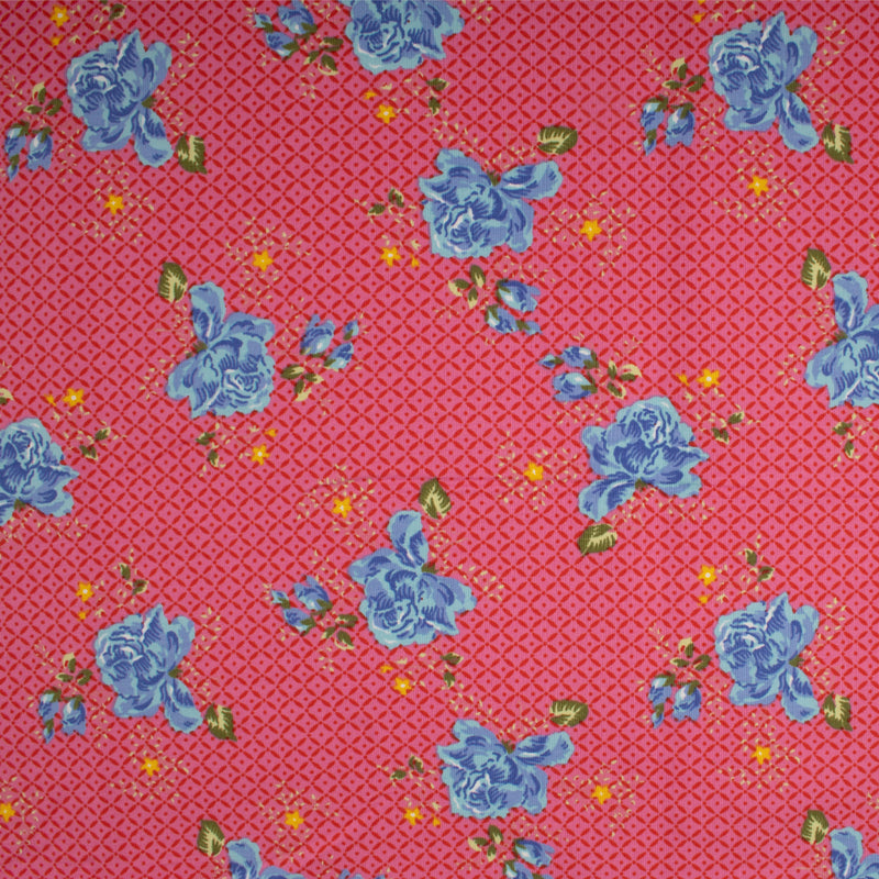 Cotton Lycra Knit Print - IMA-GINE F21 - Roses - Pink / Blue