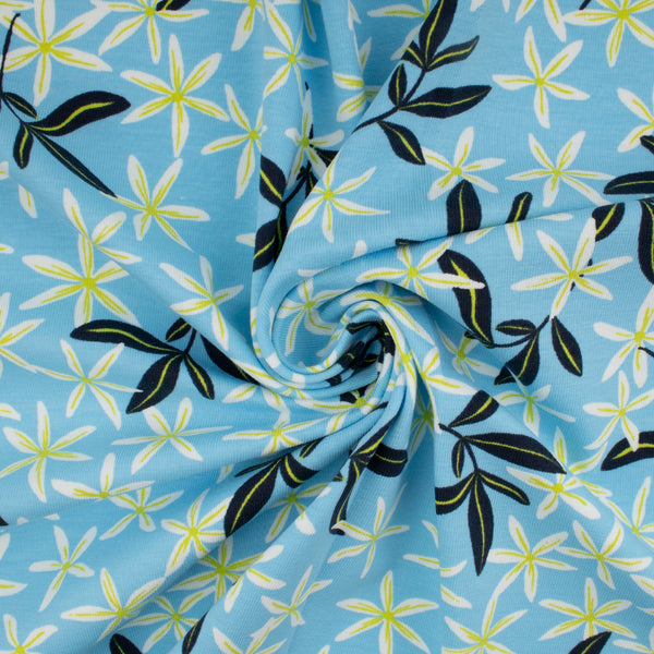 Cotton Lycra Knit Print - IMA-GINE F21 - Flowers - Blue / Yellow