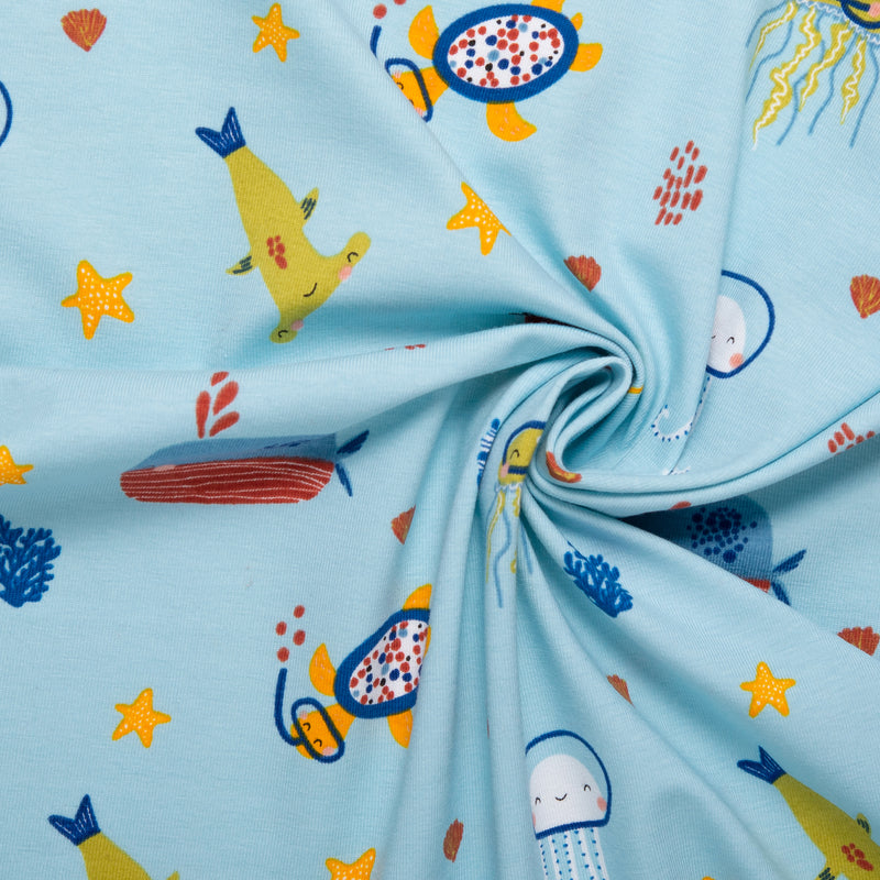 ORGANIC Cotton Lycra Printed Knit - Sea life - Baby blue