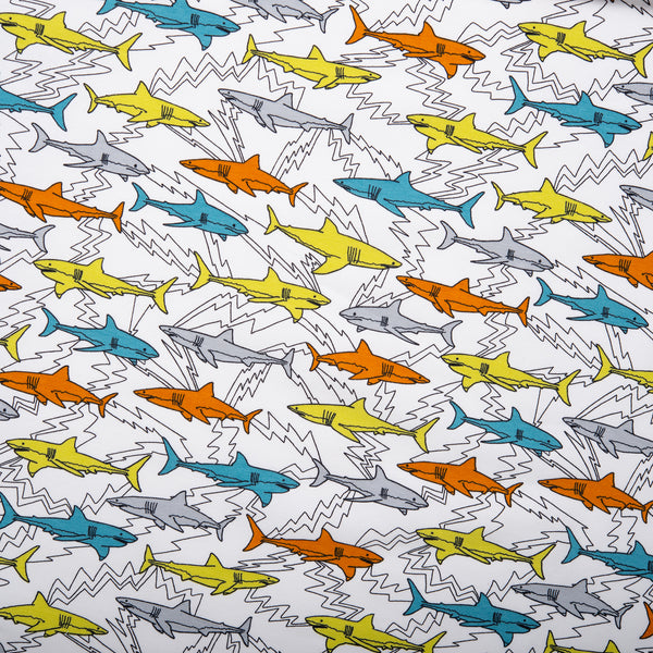 ORGANIC Cotton Lycra Printed Knit - Sharks - White