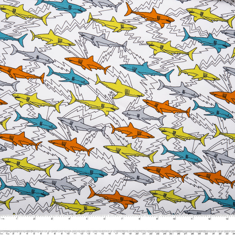 ORGANIC Cotton Lycra Printed Knit - Sharks - White