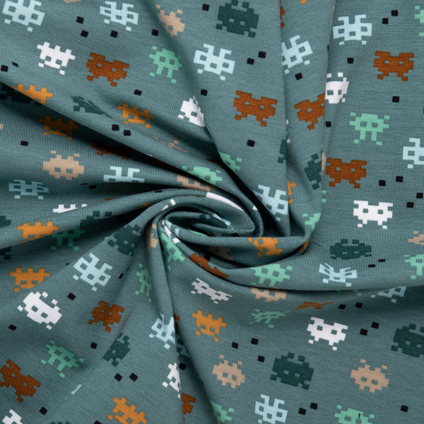 ORGANIC Cotton Lycra Printed Knit - Video game - Teal