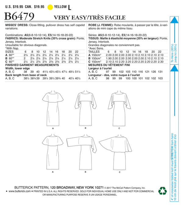 B6479 Misses' Pullover Dresses with Attached Capelets (Size: 6-8-10-12-14)