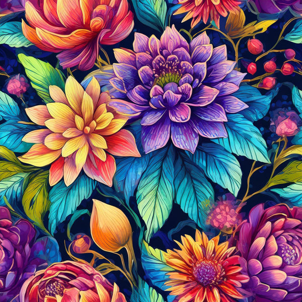Firefly Romantic repeating flower pattern in blue and purple and pink and green and yellow and red 1
