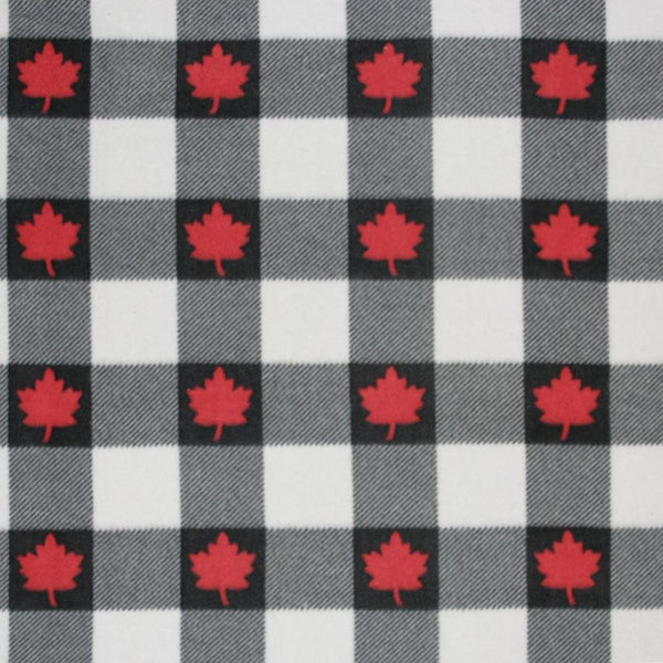 Canadiana Fleece Prints - Buffalo Plaid - Black on Cream with Red Maple Leaf