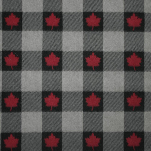 Canadiana Fleece Prints - Buffalo Plaid - Black on Grey with Red Maple Leaf