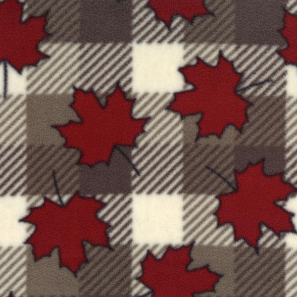 Canadiana Fleece Prints - Buffalo Plaid Maple Leaf - Taupe / Dark Red