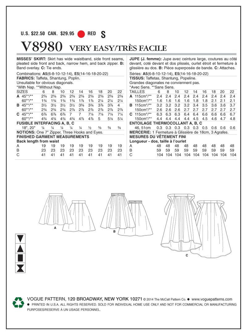 V8980 Misses' Skirt - Misses (Size: A5 (6-8-10-12-14))